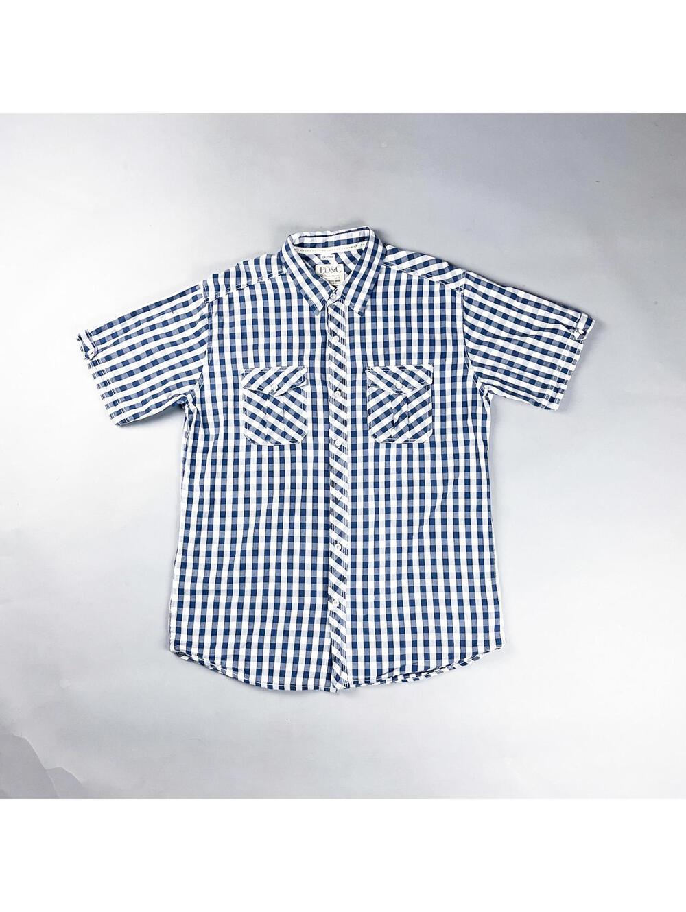 Vintage Button Up, Men's blue and White Checkered Short Sleeve Shirt